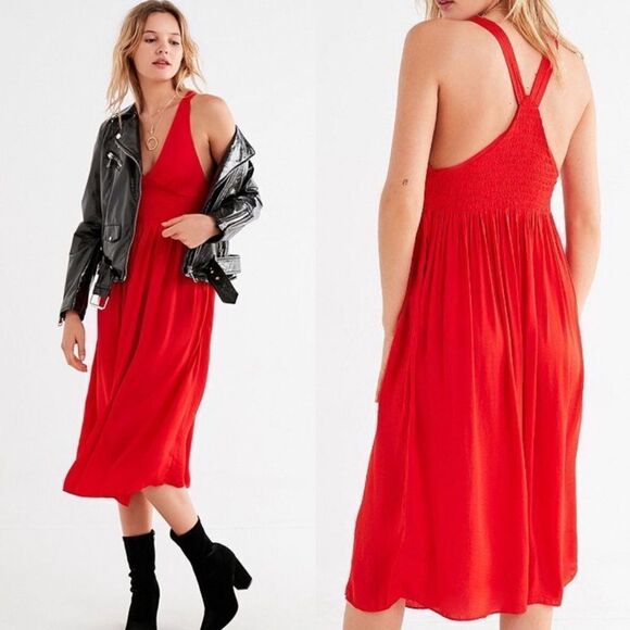 Urban Outfitters Valerie Smocked Satin Midi Dress Sz S - Picture 1 of 16